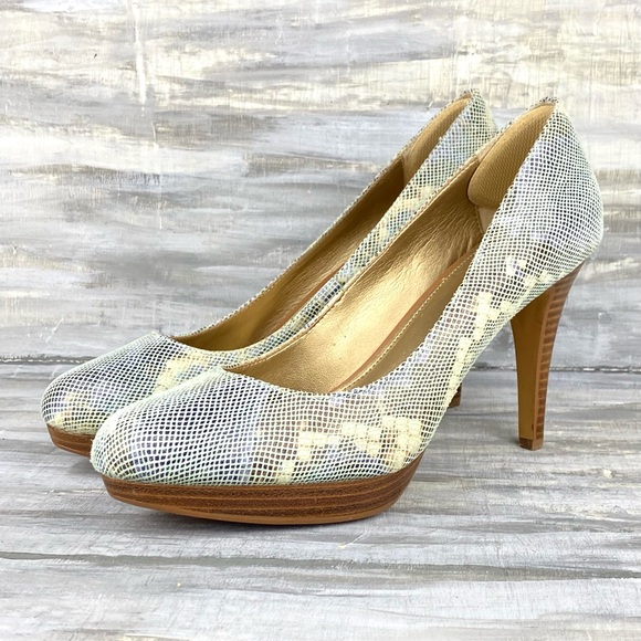 Circa Joan David Luxe Platform Pumps Pearly Snakeskin Print Leather Heels 7.5M - Picture 1 of 16